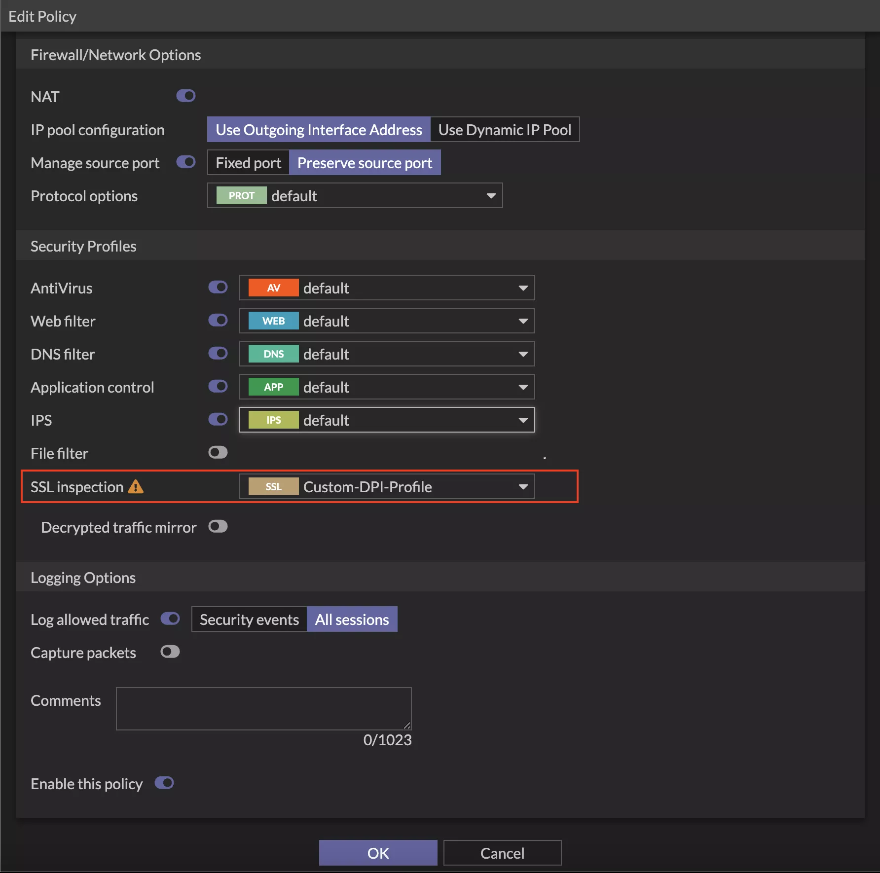 Modify Firewall Policy with SSL/SSH Inspection Profile