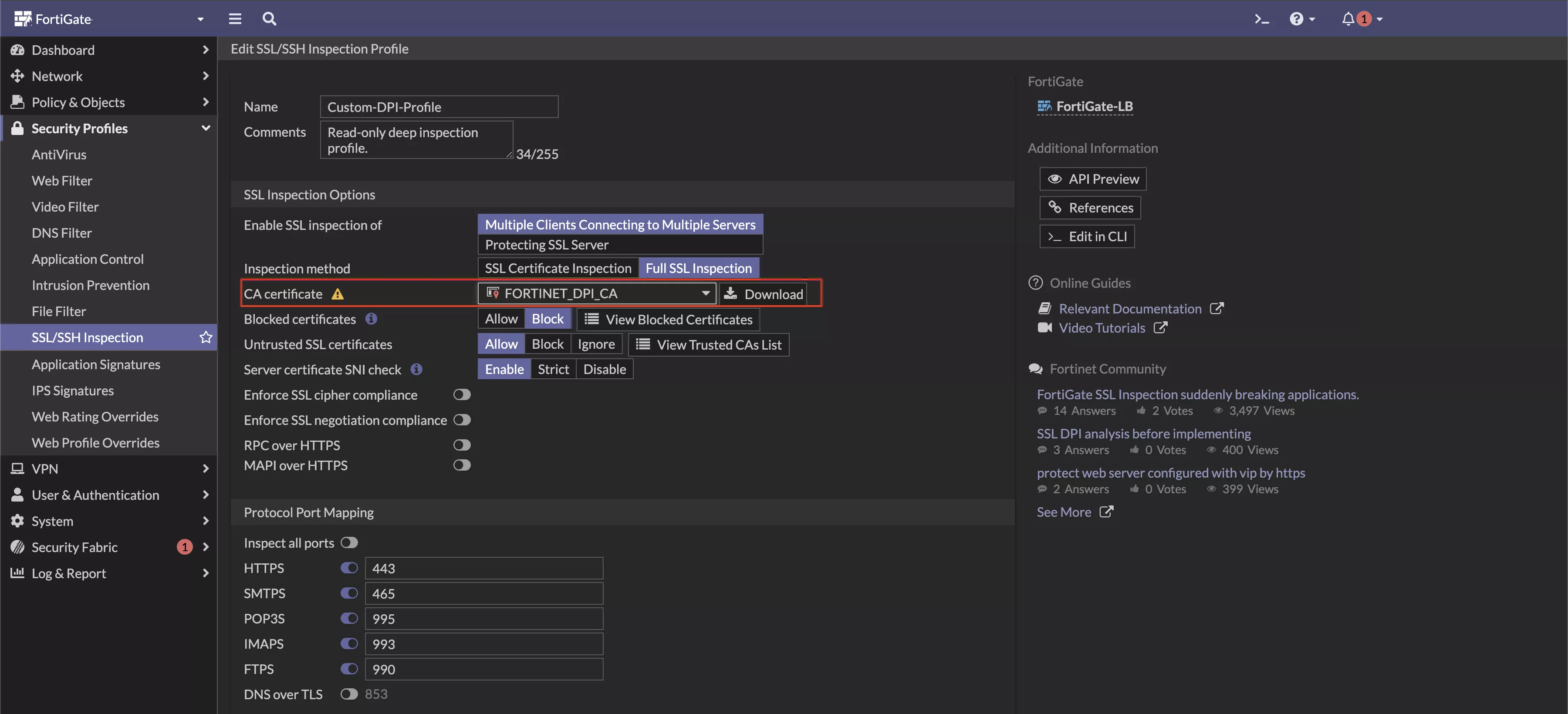 Create Fortigate SSL/SSH Inspection Profile