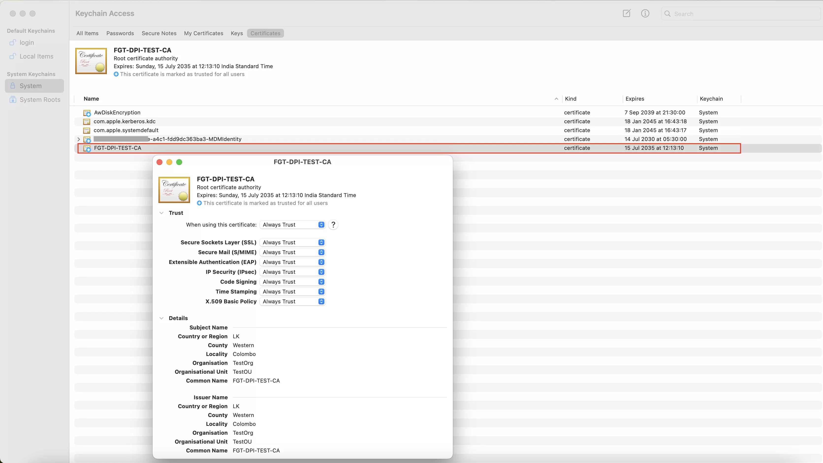 CA Certificate Deployment Verification - macOS
