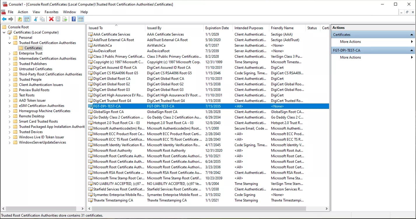 CA Certificate Deployment Verification - Windows