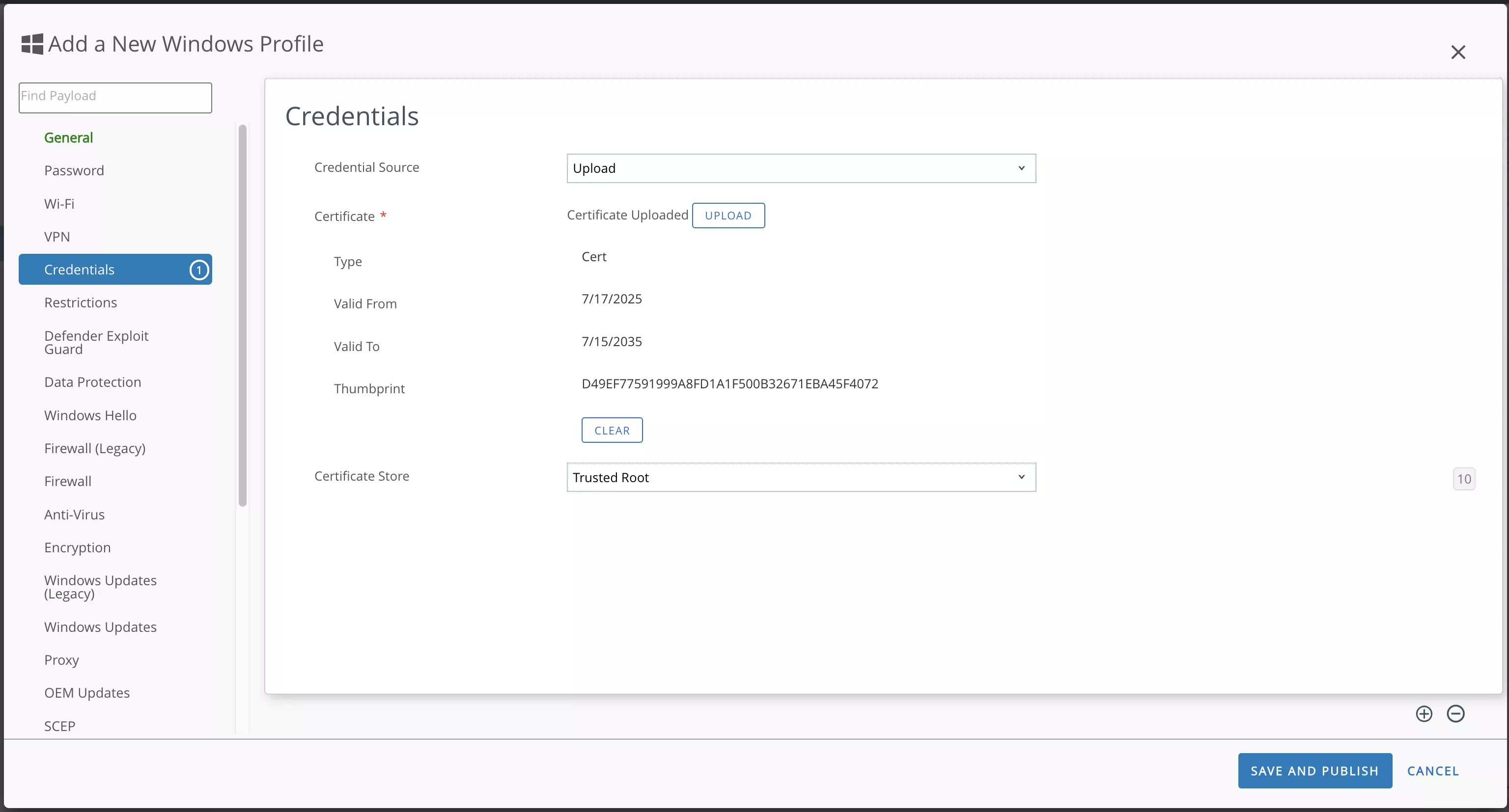 Workspace One Profile for Certificate Deployment - Windows