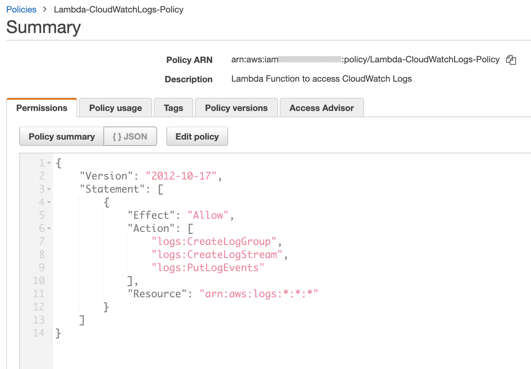 Lambda CloudWatchLogs Policy