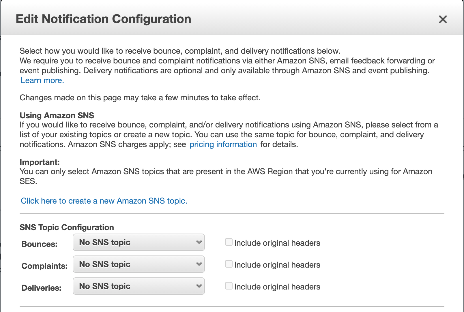 Amazon SES SNS Topic Configuration