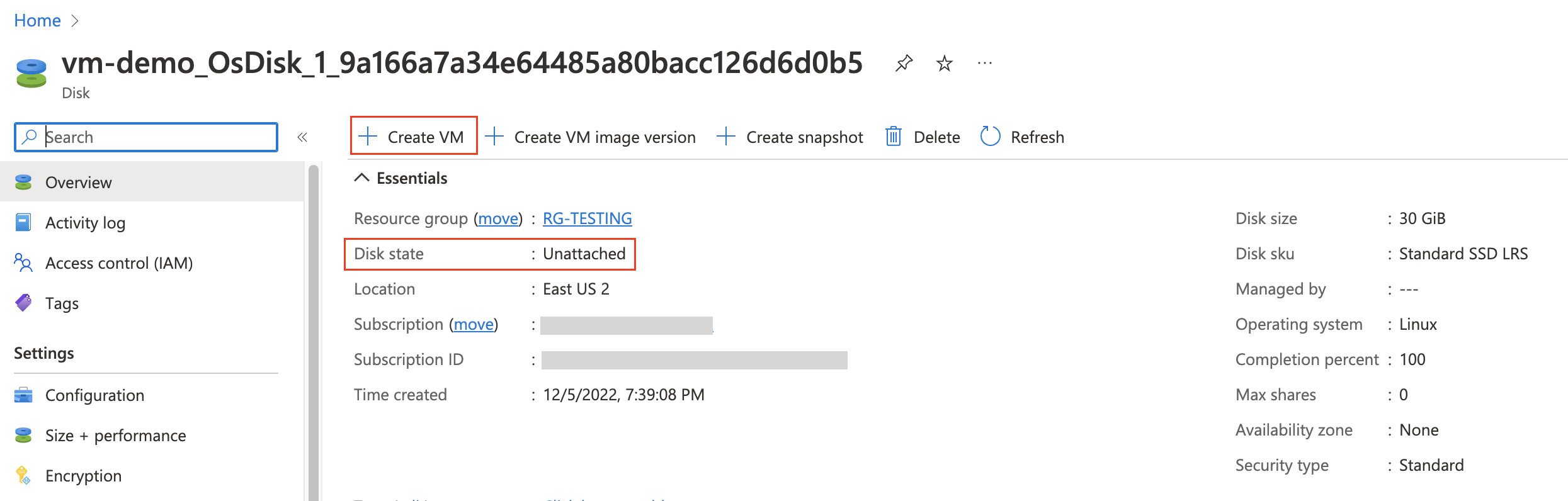 Create a New Azure VM using Unattached OS Disk