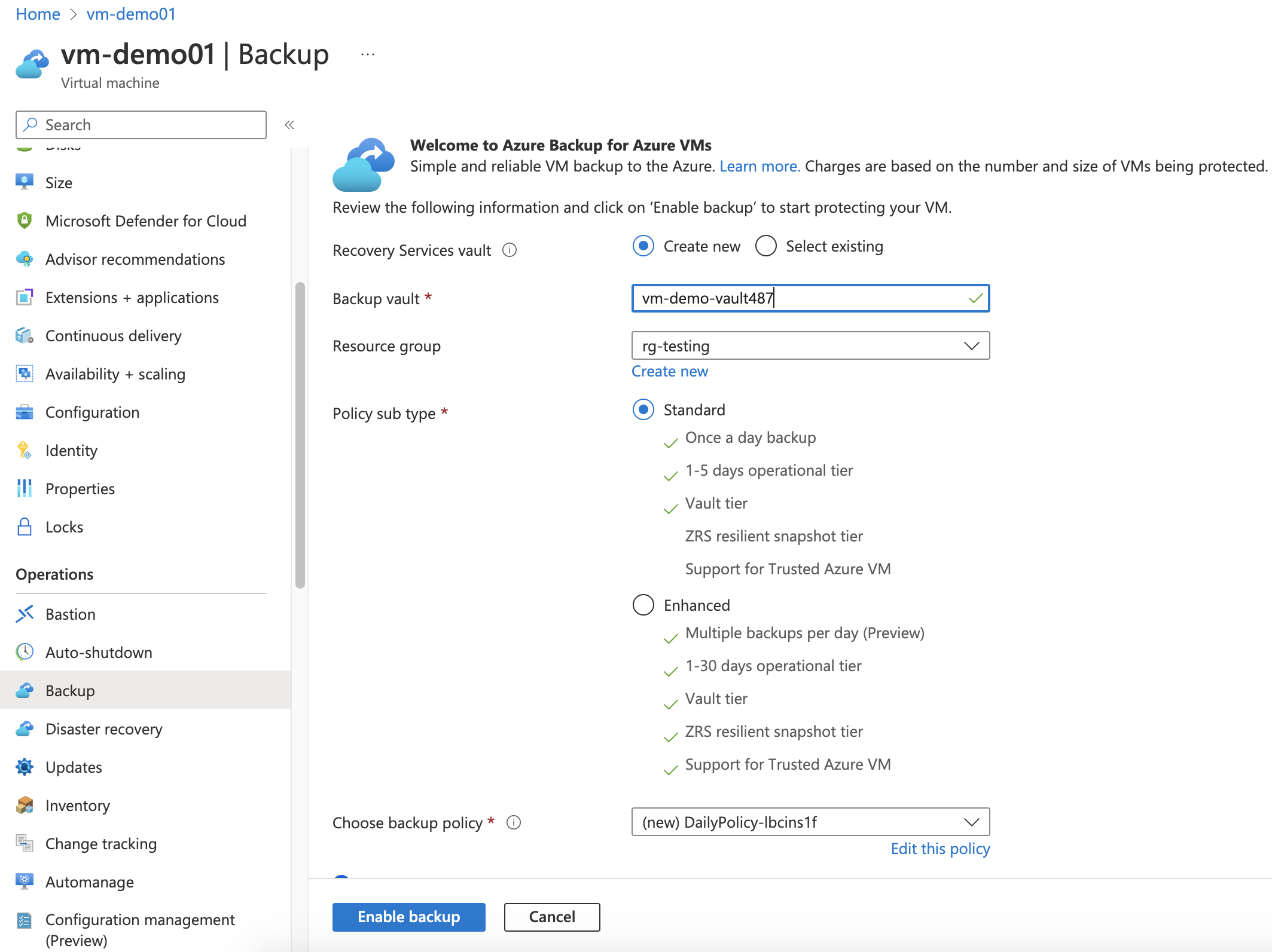 Enable Backup On Azure VM