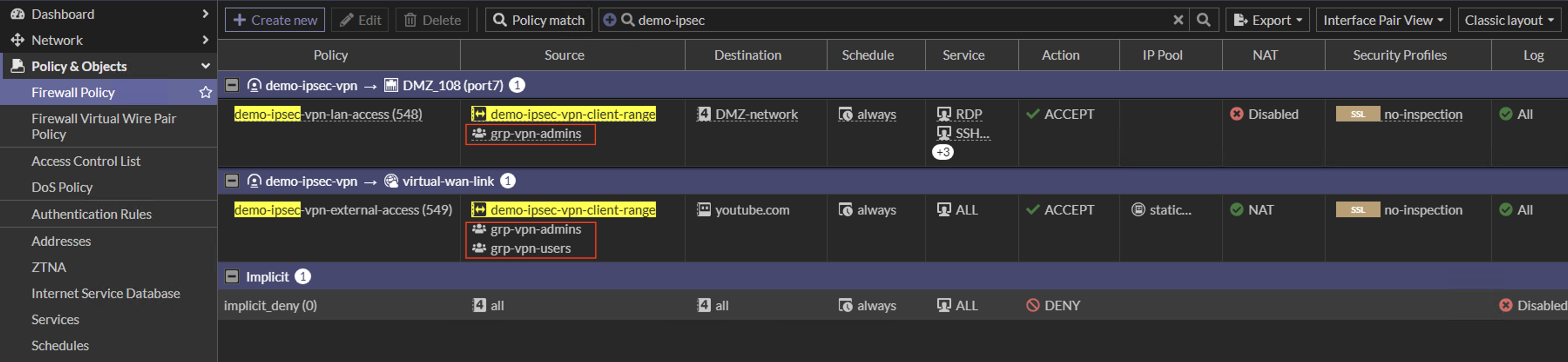 Fortigate VPN Authentication via Policy Configuration.