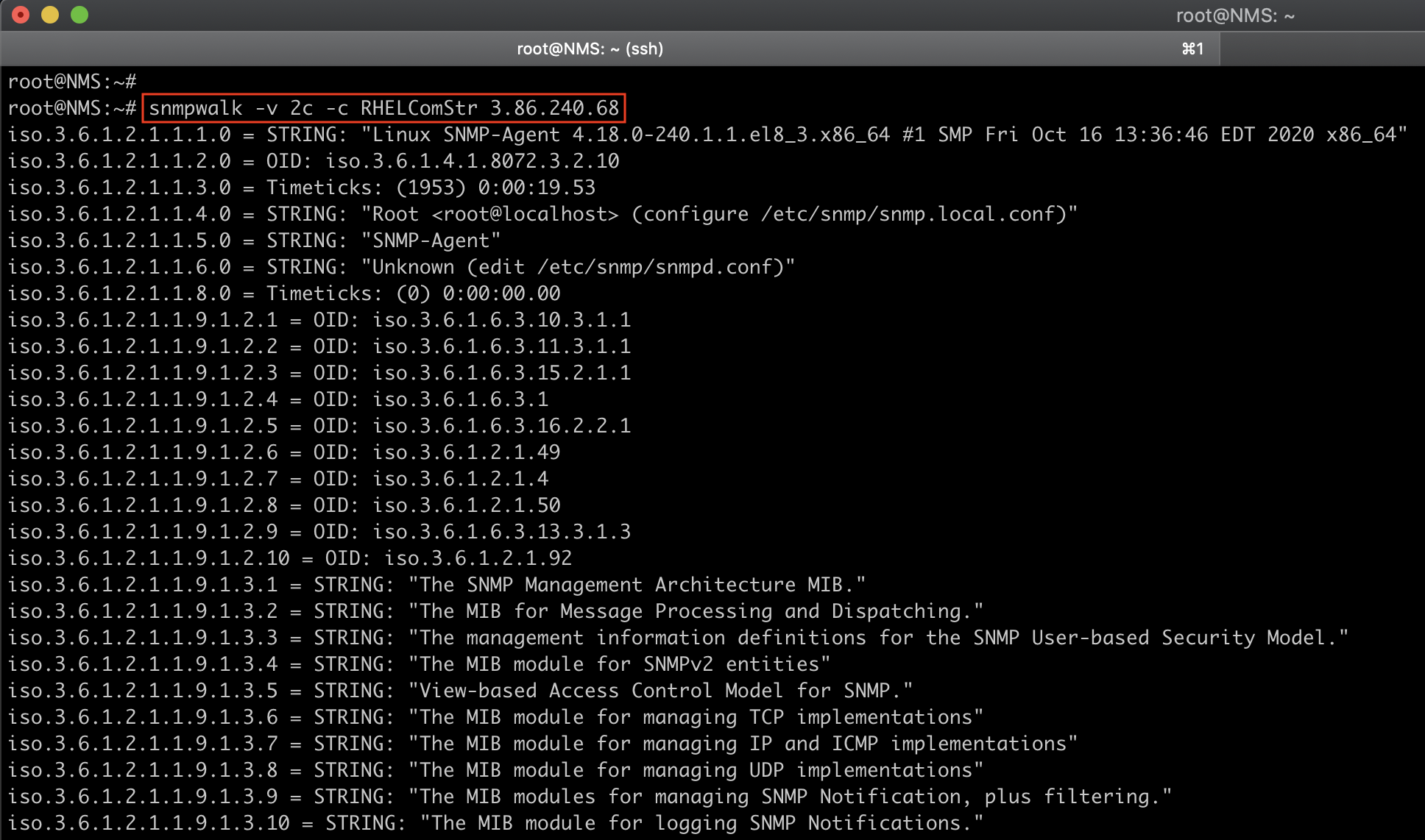 Verify SNMPv2c Query RHEL